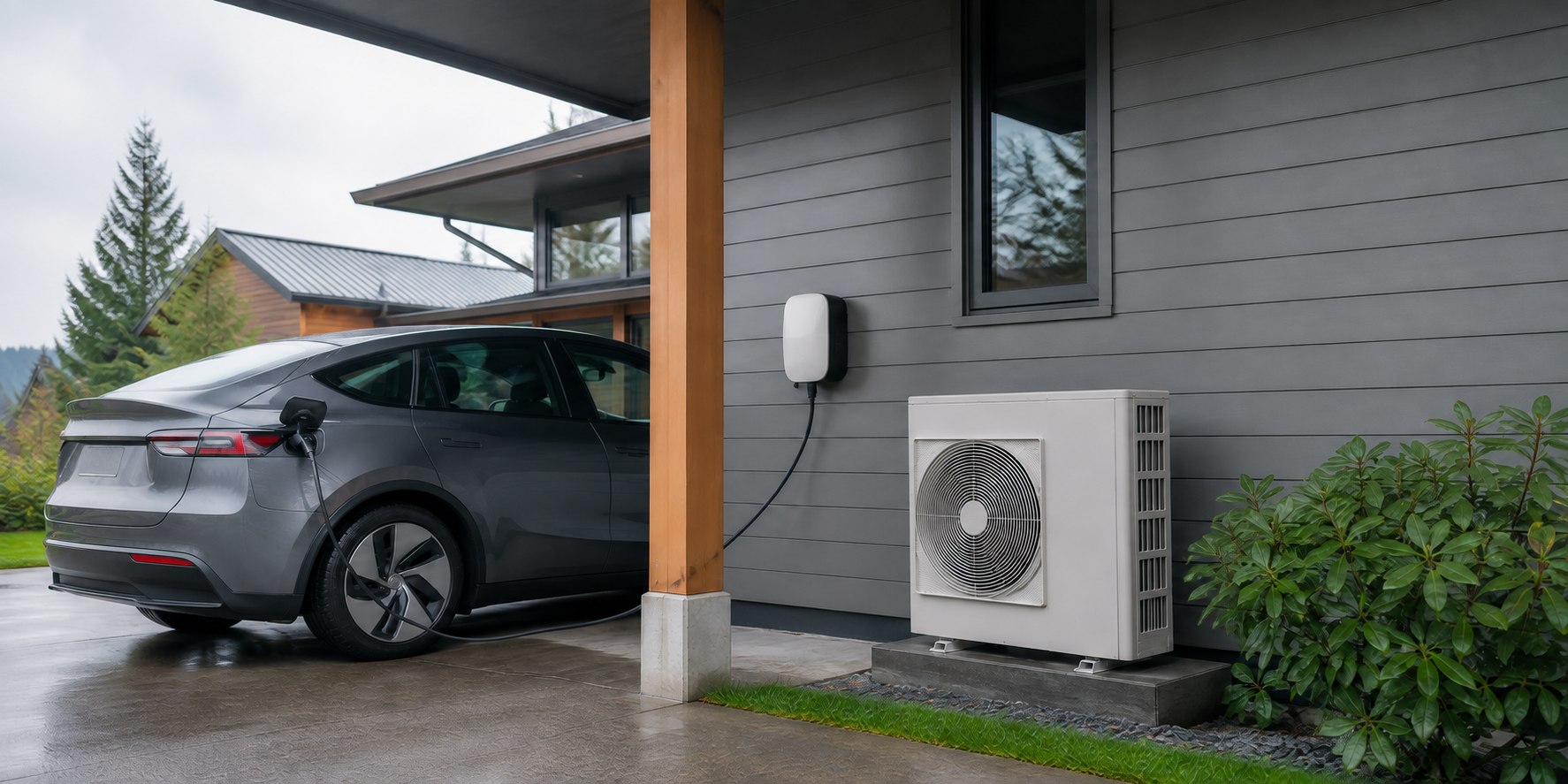 An electric vehicle charging beside a home heat-pump unit under a covered driveway